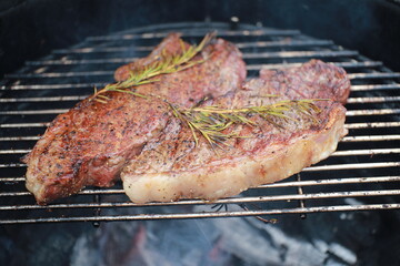 Grilled steaks topped with fresh rosemary on barbecue grill with char marks