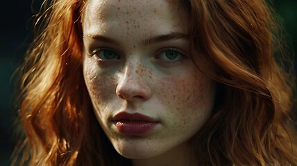 close-up portrait of a girl with freckles on her face, wavy reddish hair and light brown eyes, looking straight into the camera.