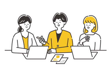 テーブルでミーティング・会話をするビジネスパーソン（男女）のイラスト素材