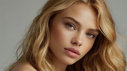 Fototapeta premium portrait of a beautiful young girl with long blond wavy hair and blue eyes looking at the camera