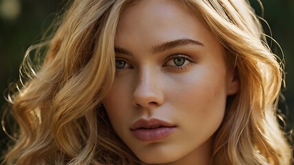 portrait of a beautiful young girl with long blond wavy hair and blue eyes looking at the camera