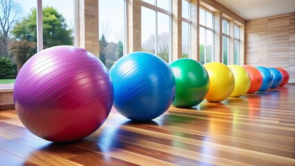 Vibrant exercise balls in various sizes and colors, neatly arranged in a row on a clean, wooden floor, waiting for use.