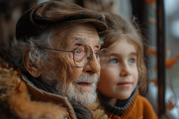 Fototapeta premium Close-up portrait of a happy elderly man with his granddaughter
