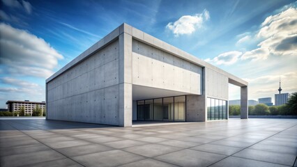Modern concrete outdoor square building with clean lines and minimalist architecture stands alone in empty urban background setting.