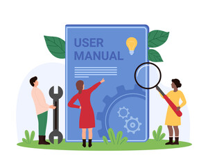 User manual and FAQ, book with policy documents and instructions to solve problem. Tiny people read guidance handbook with magnifying glass, research answer to question cartoon vector illustration