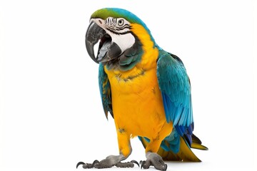 A parrot with a blue and yellow wing is standing with its mouth open
