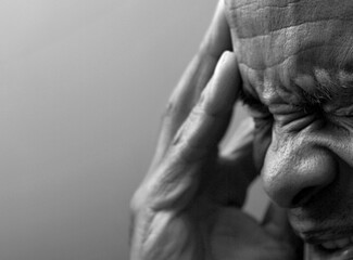 deaf man suffering from deafness and hearing loss on grey background with people stock image stock...