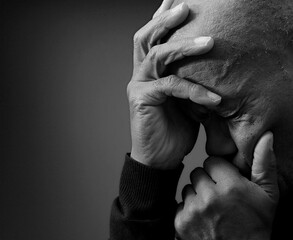 man praying to god with hands together Caribbean man praying with black background with people stock photo