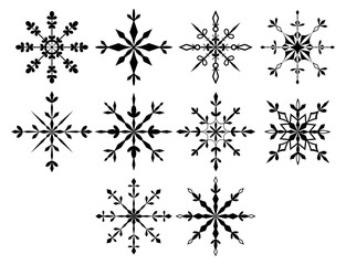 Set of black and white icons of openwork snowflakes. Snow. Collection of elegant snowflakes in line art style for winter, New year, Christmas design.