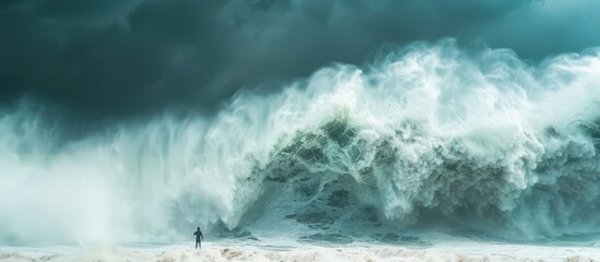 A lone figure standing before a colossal wave