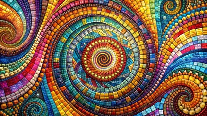Vibrant abstract mosaic pattern featuring intricate shapes and swirling colors on a highly detailed textured background with stunning optical effect.