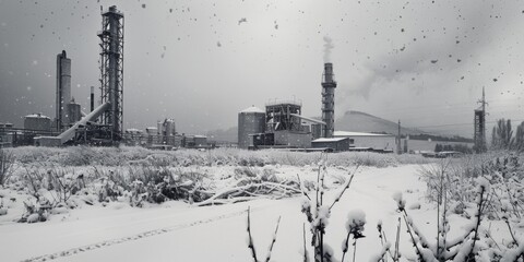 Obraz premium Abstract Visualization of Industrial Winter: Snowy Urban Landscape Symbolizing Economic Downturn. Conceptual Representation of Industry Challenges in Modern City. High-Resolution 4K Wallpaper Backgrou