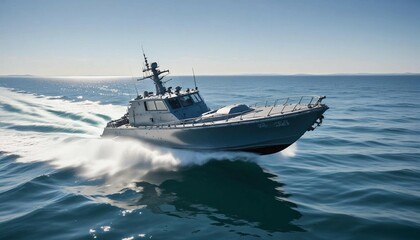 Naklejka premium A fast attack boat slicing through calm waters on a clear summer day, with a bright blue sky and sunlit waves 