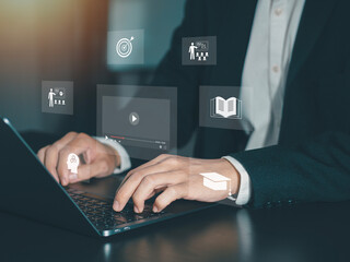 E-learning education concept, internet lessons, using a laptop computer, studying, training, online education for personal development, to develop new skills.