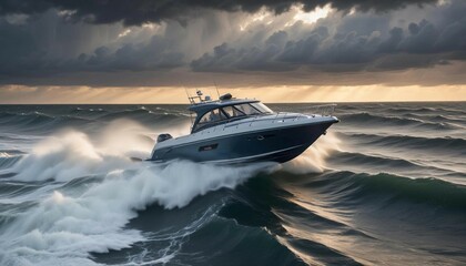 Naklejka premium A high-speed boat maneuvering through choppy waters at dawn, with the first light of day breaking through storm clouds 