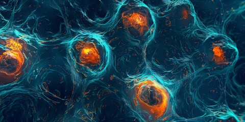 Abstract Visualization of Mammalian Cell Structure: Microscopic Biological Complexity Rendered as Artistic 4K Wallpaper. Intricate Cellular Components Depicted in Vibrant Colors, Merging Science and A