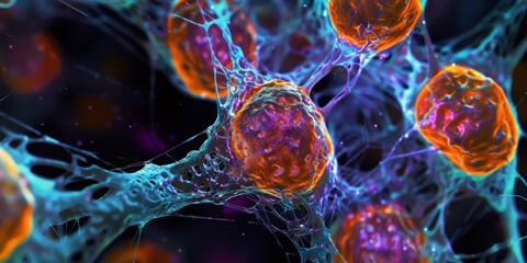 Abstract Visualization of Mammalian Cell Structure: Microscopic Biological Complexity Rendered as Artistic 4K Wallpaper. Intricate Cellular Components Depicted in Vibrant Colors, Merging Science and A