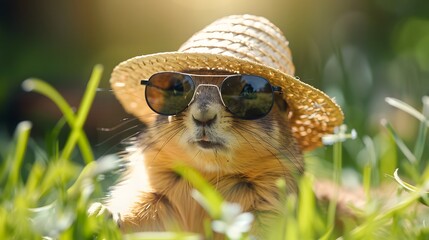 牧草地でサングラスと麦わら帽子をかぶったプレーリードッグ