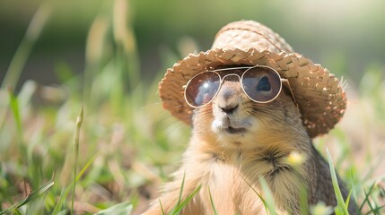 Obraz premium 牧草地でサングラスと麦わら帽子をかぶったプレーリードッグ
