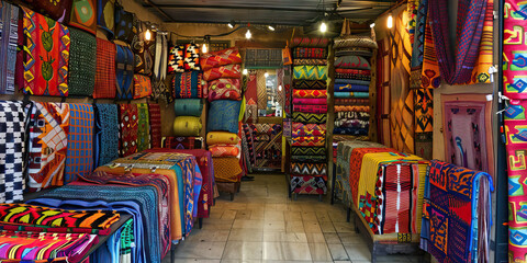 Fototapeta premium African Textiles & Tapestries: A shop filled with colorful African fabrics, woven into tapestries and hung on walls as decoration.