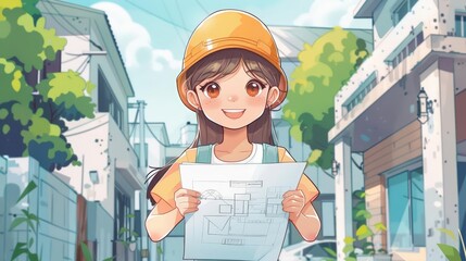 Asian female carpenter with blueprint, modern setting, flat design illustration, color ink and pencil, kawaii art