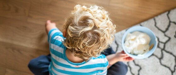Top View of Child with Curly Hair Eating Snack
