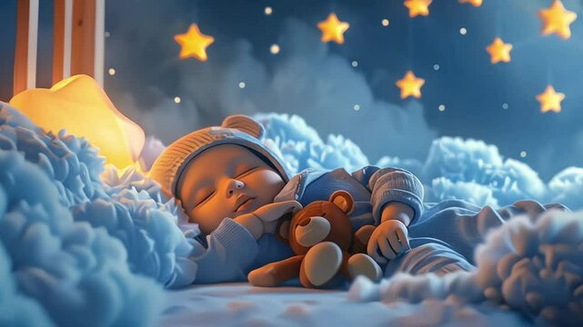 a boy baby kid child sleep at night on cloud with stars lullaby concept relax