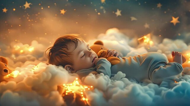 a boy baby kid child sleep at night on cloud with stars lullaby concept relax