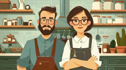 Carpenter couple, one male one female, European setting, flat design illustration, art deco