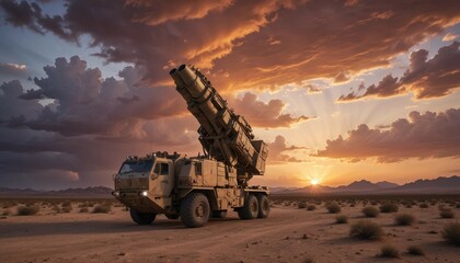 A high-tech missile launcher at dusk, with a dramatic sunset sky and clouds, set in a desert landscape
