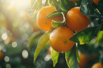 Fresh oranges hanging from a tree branch