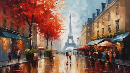 oil painting on canvas, street view of Paris. Artwork. eiffel tower . people under a red umbrella. Tree. France