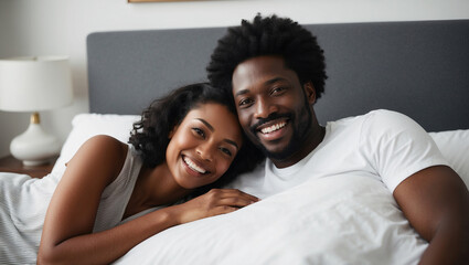 Obraz premium Happy black couple is lying in bed together, smiling and looking at the camera