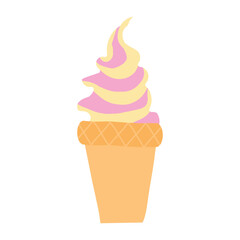 Illustration of a soft serve ice cream cone with pink and yellow swirled ice cream in a waffle cone. The design is simple and cute, perfect for summer or dessert-themed graphics.