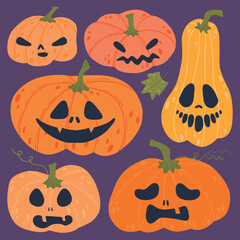 A collection of illustrated Halloween pumpkins with various spooky and funny faces on a dark purple background. Each pumpkin has a unique expression, perfect for festive autumn and Halloween designs.