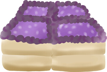 Cartoon blueberry cake cut into squares and topped with purple blueberry jam. and chocolate cream