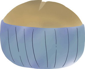 Cartoon baked bread in a round blue-yellow cup The dough is beautifully round and light brown in color