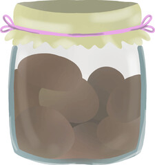 Cartoon cookies in a glass jar, closed with a blue cloth. and tie a pink bow