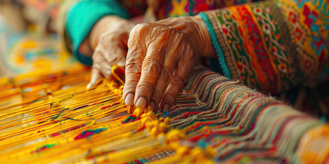 Golden Hands: A skilled craftswoman, carefully weaving a brightly colored textile on a traditional loom.