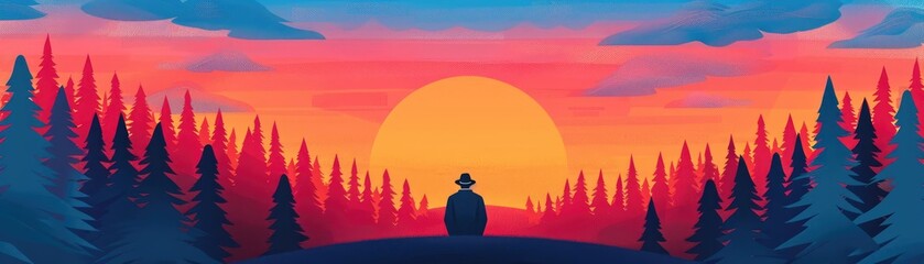 Red forest, vibrant sunset, cloud-filled sky, flat design illustration