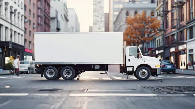 Empty blank white mockup on the small truck vehicle driving through the city street, template for advertisement. Commercial business transport delivery cargo