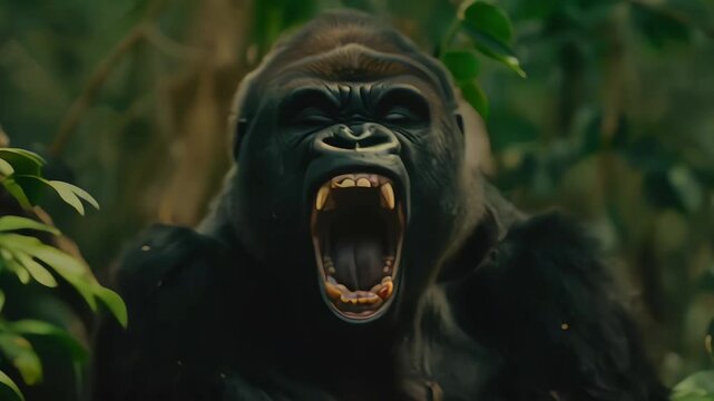 Large or big silverback black gorilla, angry powerful animal roaring in jungle wildlife nature. Strong beast screaming, aggressive, teeth, King Kong