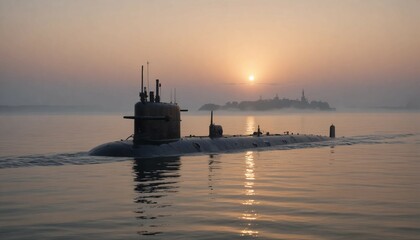Fototapeta premium A submarine on the surface at dawn, with the ocean reflecting the early morning light and fog rolling in from the horizon 