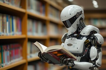 AI Robot Engrossed in Reading a Book