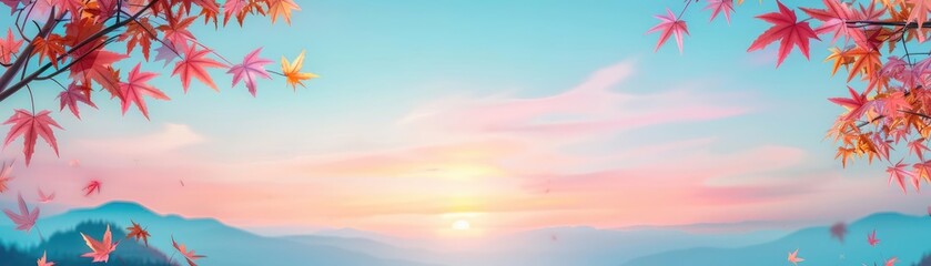 Fototapeta premium Autumn maples, blue twilight, serene sunset, flat design illustration
