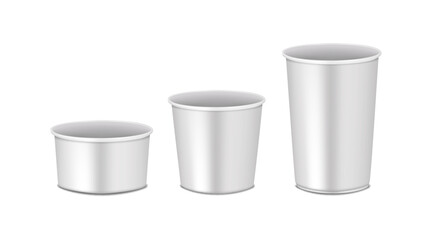 Empty round food container without lid set. 3d mockup. Bowl, cup. Realistic vector mock-up. Template for design