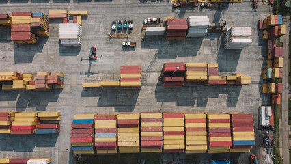 Shipping Containers In Warehouse Aerial. Aerial View Of Container Yard