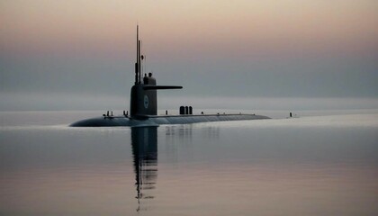 A submarine on the surface at dawn, with the ocean reflecting the early morning light and fog rolling in from the horizon
