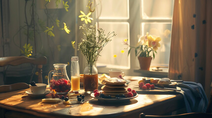 Breakfast setup with pancakes, berries, and syrup on a wooden table, morning sunlight streaming in