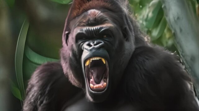 Large or big silverback black gorilla, angry powerful animal roaring in jungle wildlife nature. Strong beast screaming, aggressive, teeth, King Kong